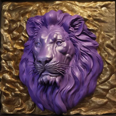 Lion 32K（tmasterpiece，k hd，hyper HD，32K）Long flowing bright purple hair，blood pond，zydink， a color，Grumpy tavern （Post-halo）， （Linen scarf）， Combat posture， looking at the ground， long whitr hair， Floating bright purple， Fire cloud pattern gold tiara， Chin...