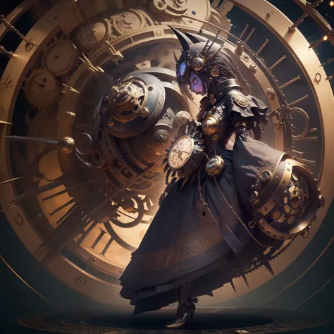 It depicts a clock monster that manipulates time and space、A monster that combines creepiness and beauty、Clock personification、(Mechanical body with a clock motif:1.5)、Female humanoid、Karakuri-ish、Cold、Atrocious、brutality、A large watch is embedded in the c...