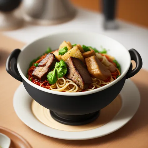 Close-up of a bowl of Chinese noodles，There is beef in it, In a colorful animation stills style, sci fi anime, Dark red and dark amber, Qian Xuan, organic sculpting, accurate and detailed, Anime core ,32k ULTRAHD, Best quality, Masterpiece, Super detail, H...