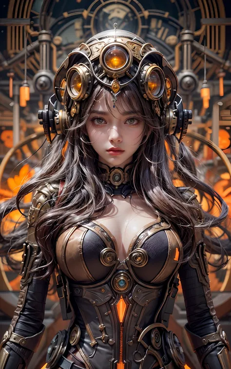 (Masterpiece, professional work, award winning), ultra realistic illustration, centered, mid shot, full body front view, looking toward camera, biochemical android steampunk, dynamic pose, orange long wavy hair, expressive, beautiful bang, ultra detailed s...