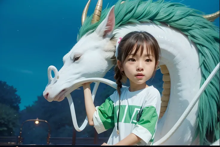 girl, brown hair with ponytail, white t-shirt with green stripe, white dragon