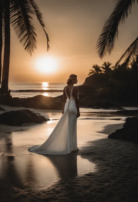 mujer mayor vestido blanco,  reflejada frente un espejo en blanco y negro, muy retro, magia, paisaje tropical, playa, atardecer