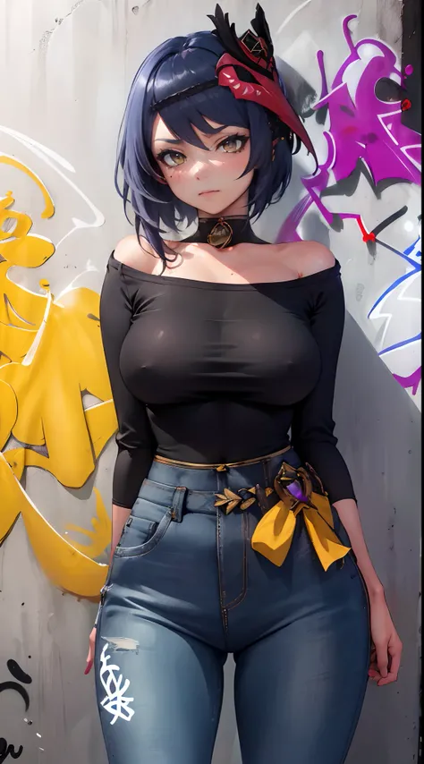 Kujou Sara Genshin Effect, masterpiece, bestquality, 1girls, oversized breasts, bara, dress shirt, Long Jeans, choker, (Graffiti:1.5), Splash with purple lightning pattern., arm behind back, against wall, View viewers from the front., Thigh strap, Head til...