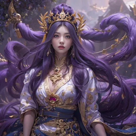 Skewers，Sichuan skewer cold pot 32K（tmasterpiece，k hd，hyper HD，32K）Long flowing bright purple hair，blood pond，zydink， a color，Grumpy tavern （Post-halo）， （Linen scarf）， Combat posture， looking at the ground， long whitr hair， Floating bright purple， Fire clo...