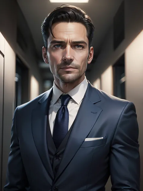 a businessman wearing modern navy blue suit,  Alterar o plano de fundo para o Office , 40 anos,  Qualidade 8k,  ultra realistic, imagem clara, rosto humano real.