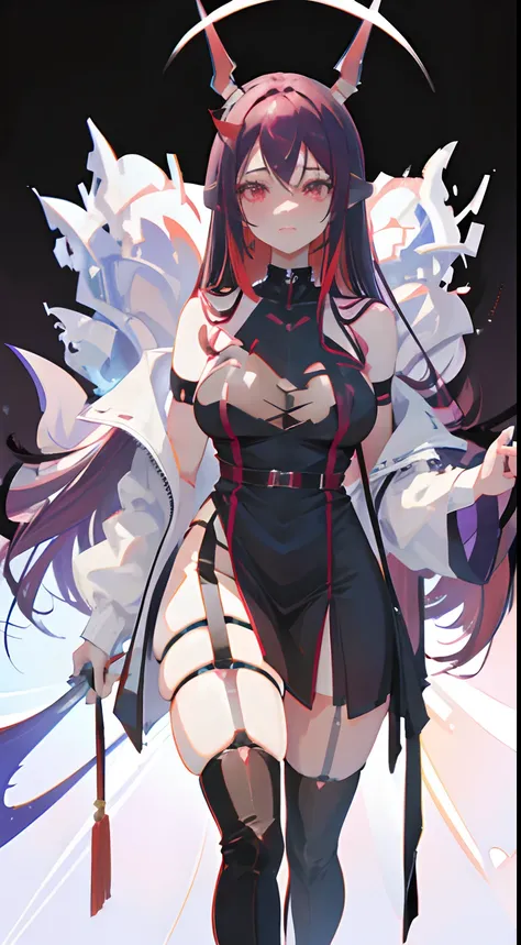 Create an anime girl with horns. She has medium-length dark purple hair with red highlights, and bangs. She has pointy ears poking out of her hair, and is wearing a black and purple dress with a lace pattern, knee-length stockings, and combat boots. Her ho...