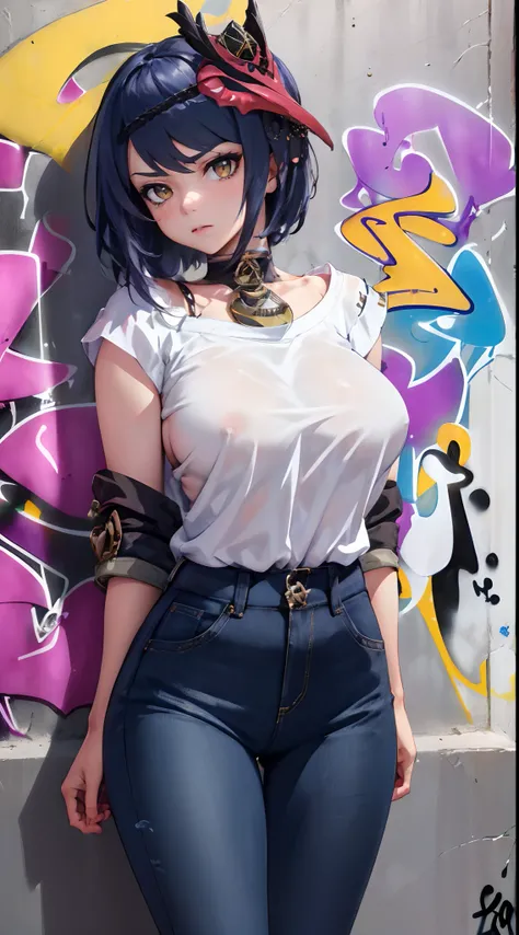 Kujou Sara Genshin Effect, masterpiece, bestquality, 1girls, oversized breasts, bara, dress shirt, Long Jeans, choker, (Graffiti:1.5), Splash with purple lightning pattern., arm behind back, against wall, View viewers from the front., Thigh strap, Head til...