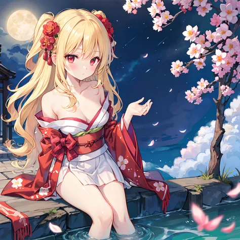 Wavy blonde、red eyes、Beautiful girl alone、Kimono、off shoulders、a moon、natta、red blush、Plum Blossom