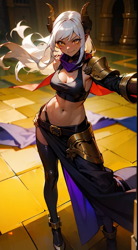 girl,(((dark skin))), hidden arms,long hair, white hair,curly hair,yellow eyes,(villain,psycho,villain smile, psychopath, angry), medium boobs,show belly,gold armor outfit, black small shirt, detailed clothes, masterpiece, hyper realistic, high definition,...