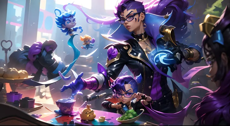 um close up de uma pessoa em um casaco roxo cercado por plantas, Splash Art Oficial, iconic character splash art, arte de splash do personagem, gama murata e artgerm, casimiro arte, Arte Splash, Arte do personagem de League of Legends, Wlop e Sakimichan, p...