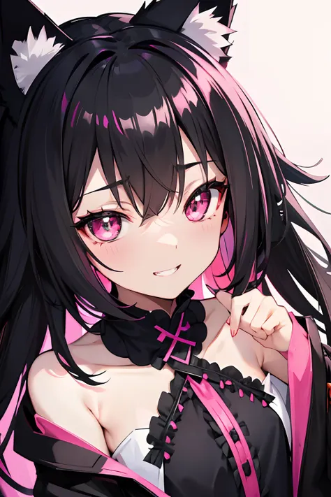 Black color hair，Pink pupils，Shawl hair，Hair and waist length，Black-pink Lolita，（（（无袖））），Pure black cat ears，Pure black ears，Toothy smile，pink back ground，small black cat，Focus on the face，detail in face，Be red in the face