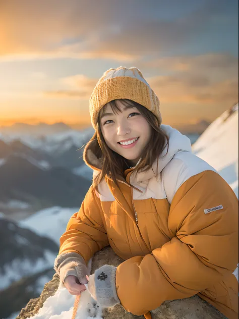 realisticlying、Snow-capped climbing、Outdoor Fashion Girl、Mountain from the cliff々々View、Portrait、Orange sunset、Happy smile、realisitic、Background ball blur、Happy smile、An 18-year-old woman、