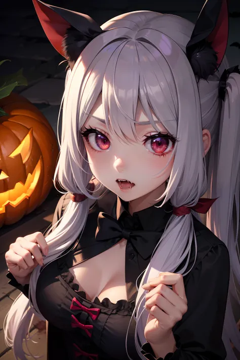 Halloween , Vampire、a cool、a miniskirt, long hair with pink twin tails,,,,,,,,,,,,,,,,,, Looking at the viewer, Front view,Halloween Vampire Costumes、Sharp fangs、Red Eyes、Blood from the mouth、the bats、Vampire House、Pumpkin Obake、Obake