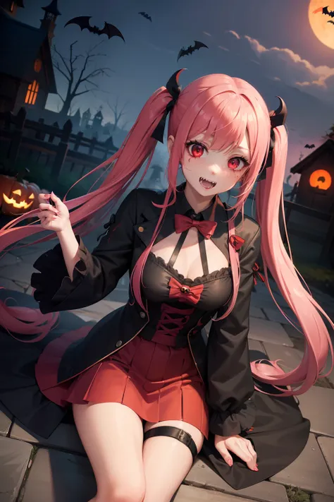 Halloween , Vampire、a cool、a miniskirt, long hair with pink twin tails,,,,,,,,,,,,,,,,,, Looking at the viewer, Front view,Halloween Vampire Costumes、Sharp fangs、Red Eyes、Blood from the mouth、the bats、Vampire House、Pumpkin Obake、Obake