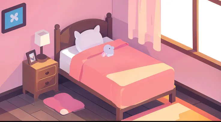 Model Room、No person、Stable composition、eye view、childs room、Barely enough、plushies、pastel pink、Natural Color