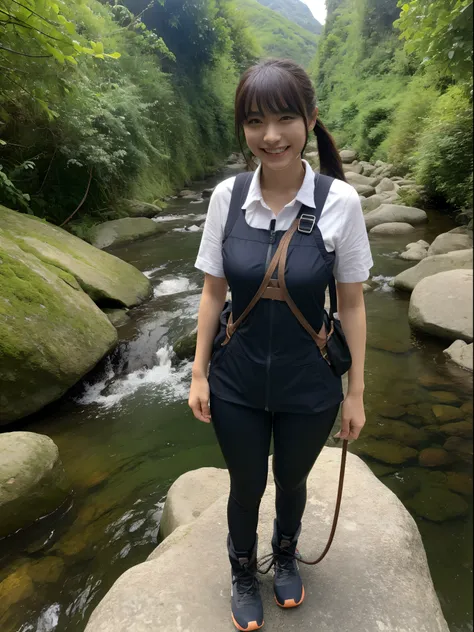 mountain climbing、Very big waterfall in the background、Otaki Climb、Emerald Green Waterhole、Hiking boots、Stream updates、(top-quality、8K、​masterpiece:1.3))、full body Esbian、long legged、Beautiful woman with perfect body shape:1.4、A slender、dark brown  hair、Mo...