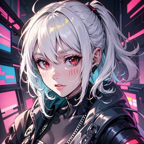 bright and colorful colors，white-haired girl，heightened sexuality，cyberpunk character，red-eyes ， fine lines