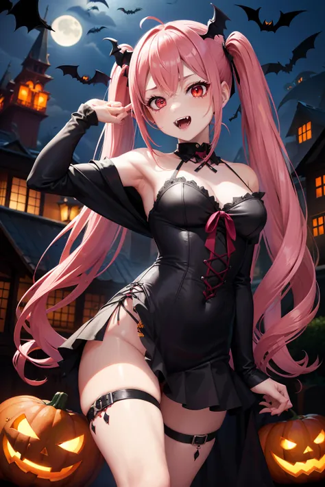 Halloween , Vampire、a cool、a miniskirt, long hair with pink twin tails,,,,,,,,,,,,,,,,,, Looking at the viewer, Front view,Halloween Vampire Costumes、Sharp fangs、Red Eyes、Blood from the mouth、the bats、Vampire House、Pumpkin Obake、Obake