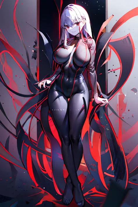 Black full body suit　Red lines all over the body　huge tit　Big ass　Whip thighs　seductiv　a smile　Bare legged　succubus