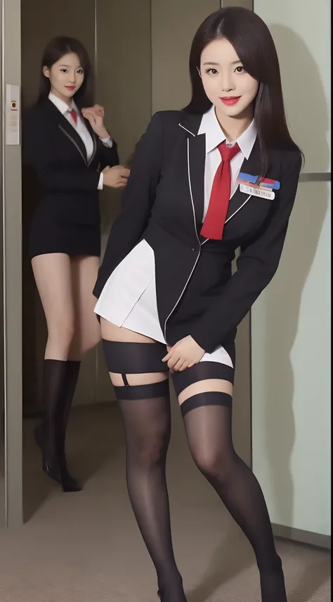 A Korean star，Stand in the office，Wearing a flight attendant costume，black lence stockings，