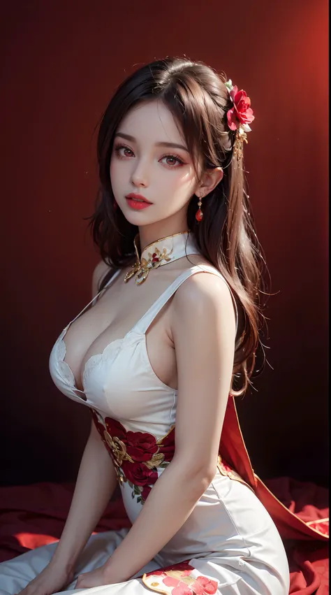 "1 beautiful girl in traditional costume, wearing a traditional Chinese ao dai in luminous red, Ao dai with red as the main color, black chest border and gold border, long hair and white bangs, hair jewelry most detailed and beautiful, Super cute little fa...