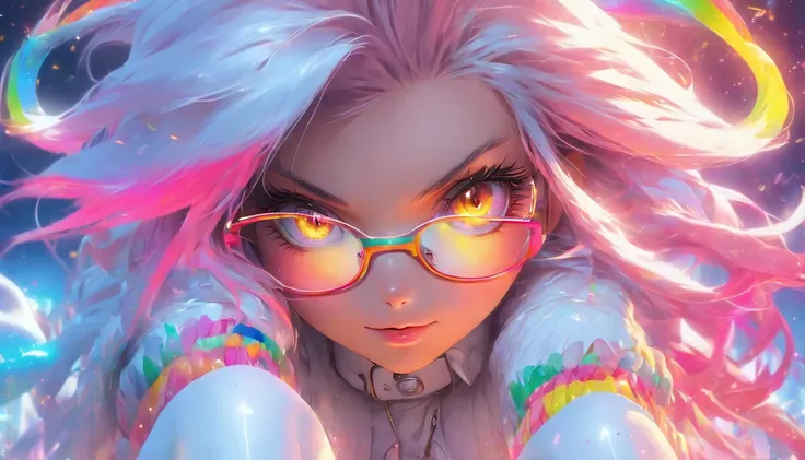 The most beautiful and sexy bunny girl, rainbow colour hair, Yellow eyes, Wearing glasses, Wear highly detailed white leather clothing and white leather boots, Perfect masterpiece, High quality, high resolution