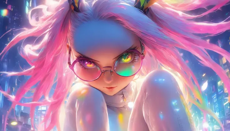 The most beautiful and sexy bunny girl, rainbow colour hair, Yellow eyes, Wearing glasses, Wear highly detailed white leather clothing and white leather boots, Perfect masterpiece, High quality, high resolution