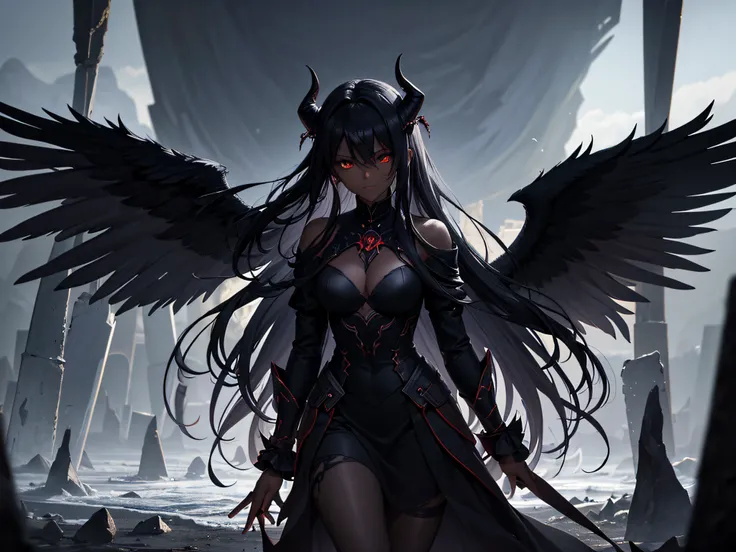 (dark skin), (demon horns), large breasts, Immortal temptation takes over my mind Condemned Fallen weak on my knees, summon the strength Of mayhem I am the storm that is approaching Provoking black clouds in isolation I am reclaimer of my name Born in flam...