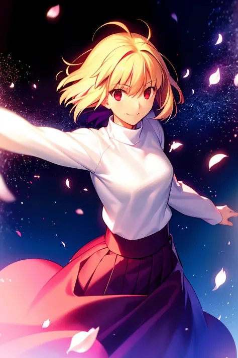 takeuchi takashi,

tsukihime,
arcueid brunestud,

1girl, ahoge, blonde hair, long skirt, petals, purple skirt, rainbow, red eyes...