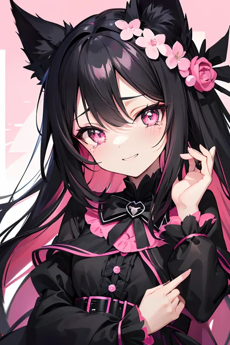 Black color hair，Pink pupils，Shawl hair，（（Hair and waist length）），Black-pink Lolita，（（（无袖））），Pure black cat ears，Pure black ears，Toothy smile，pink back ground，small black cat，Focus on the face，detail in face，streaming tears