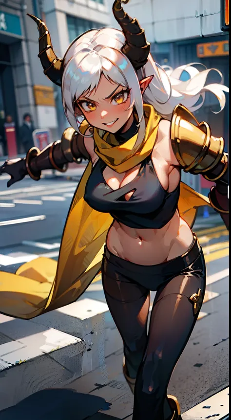 girl,(((brown skin))), hidden arms,long hair, white hair,curly hair,yellow eyes,(villain,psycho,villain smile, psychopath, angry), medium boobs,show belly,gold armor outfit, black small shirt, detailed clothes, masterpiece, hyper realistic, high definition...