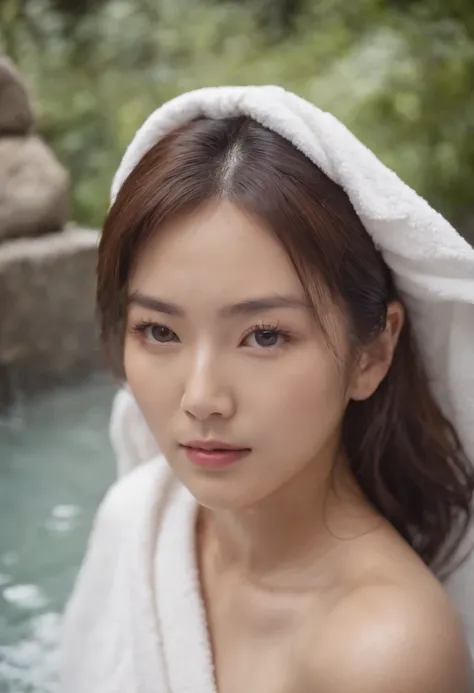 Japan woman in a hot spring、Young gravure、white towel、sensual bodies、Beautiful skin、