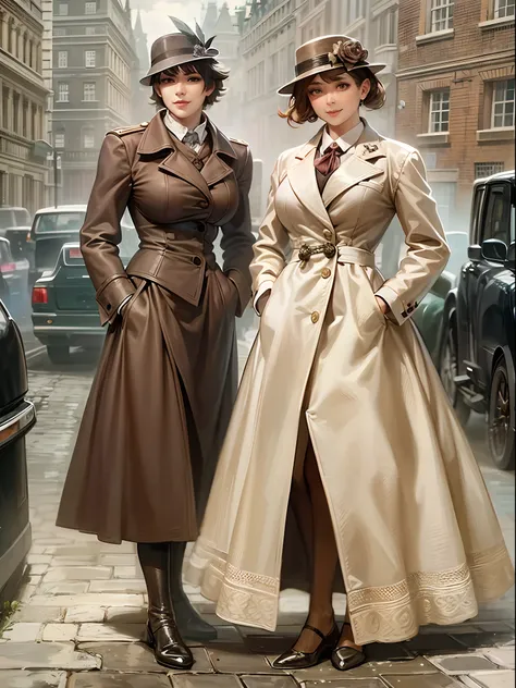 sherlock holmes & watson,
huge huge huge huge huge huge busty 2 girls assemble,
sherlock holmes girl brown glen check frock coat,
side standing watson girl white formal suits,
detective,
gently,
elegance,
wind,
smile,
london,
baker street,
british,
real fa...