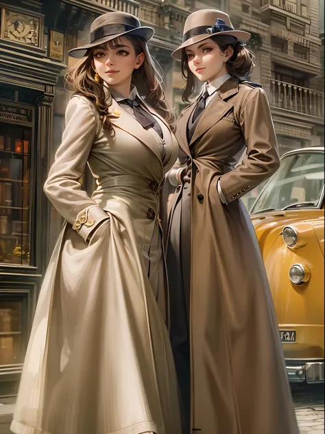 sherlock holmes & watson,
huge huge huge huge huge huge busty 2 girls assemble,
sherlock holmes girl brown glen check frock coat,
side standing watson girl white formal suits,
detective,
gently,
elegance,
wind,
smile,
london,
baker street,
british,
real fa...