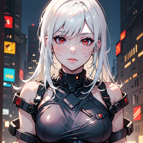 Bright and colorful colors，white-haired girl，Heightened sexuality，cyberpunk character，red-eyes ， Fine lines