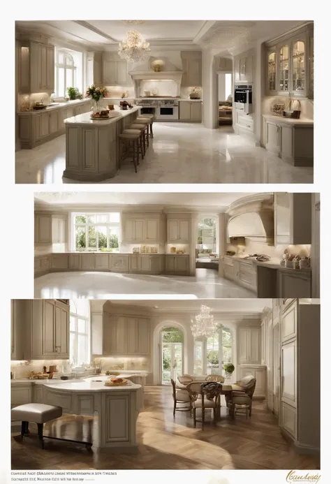 masterpiece, modern kitchen space, luxurious, aristocratic interior design, royal space, ((super detail :1.3))), neoclassical style design, neoclassical interior Modern blend, kitchen interior space with tables and chairs, kitchen details, luxurious aristo...