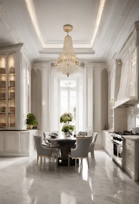 masterpiece, modern kitchen space, luxurious, aristocratic interior design, royal space, ((super detail :1.3))), neoclassical style design, neoclassical interior Modern blend, kitchen interior space with tables and chairs, kitchen details, luxurious aristo...