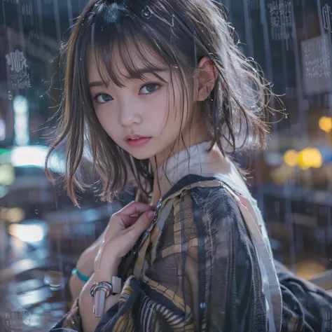 女の子1人、on tokyo street、A city scape、night cityscape、Neon Street、Rain at night、Rain-drenched body、(((hi-school girl)))、(((rain-soaked shirts、Underwear is see-through)))、The upper part of the body、a closeup、A smile、、(8K、Raw photography、top-quality、​masterpiec...