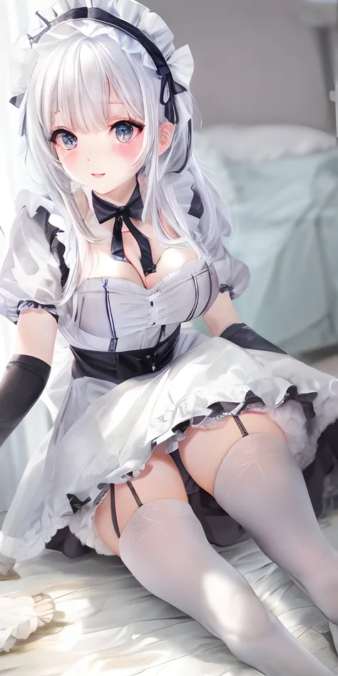 White hair, maid outfit, sexy and cute appearance, soft and cute body, white stockings, bare feet, strangle, whole body, loli kneeling, big breasts, cleavage