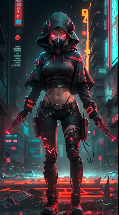 A girl, wearing a black-red glowing techpunkmask with yellow eyes shining, dressed sexy, with a futuristic pistol hanging from the left and right of her waist, a mechanical prosthesis in her right hand, a red torn cloak swaying in the wind, next to a small...