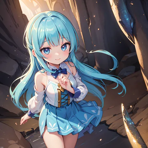 A cute female with a bright smile standing in a cave, her hand gracefully tucked behind her back. The cave is adorned with sparkling crystals, creating a magical and enchanting atmosphere. The girls eyes are filled with wonder and curiosity, reflecting the...