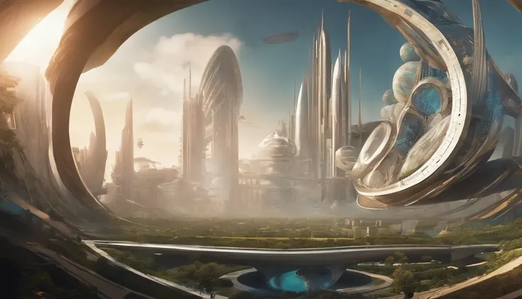 What photography，Ultra photo realsisim，Hyper-detailing，Ultra-wide-angle picture，24th century，sci fi city，and the sun was shining brightly，Tech City of the Future，Oval building，Suspended circular aircraft，Roads that lead in all directions，highly detailed su...