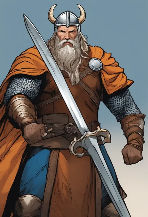 viking forte, bebendo uma cerveja, corpo inteiro, roupa azul e laranja, cabelo e barba loiro, usando capacete de obra, Comic book style, vetor, Inspirado em Thor, carismatico, fundo branco, corpo inteiro,