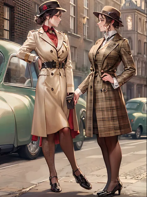 sherlock holmes & watson,
huge huge huge huge huge huge busty 2 girls assemble,
sherlock holmes girl brown glen check frock coat,
side standing watson girl white formal suits,
detective,
gently,
elegance,
wind,
smile,
london,
baker street,
british,
real fa...