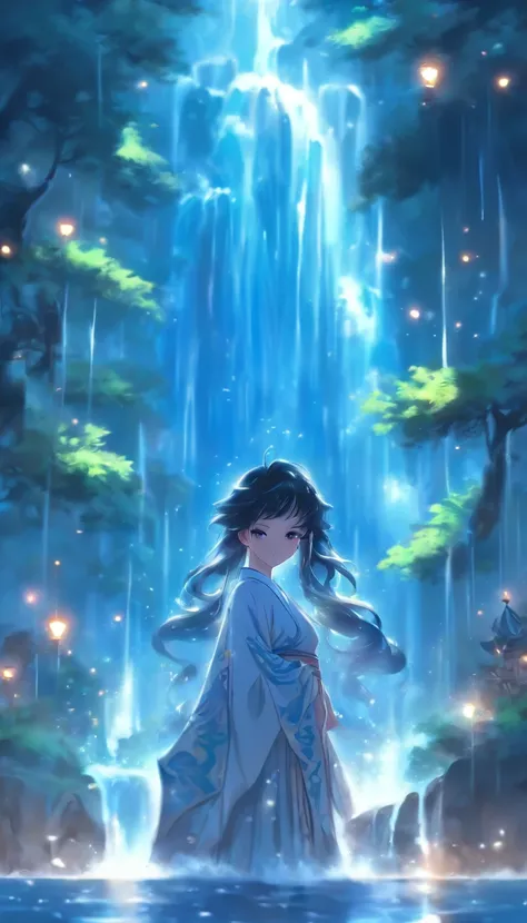 (Masterpiece, Best quality), 1girll(atenea_Asamiya Palace), Cute dress, Long black hair, Sitting, Beautiful outdoor background, Night, forest，highly detailed surreal vfx，China ink painting，water ink，ink，Smudge，downpours，Get wet，water，water column，Gravity-r...