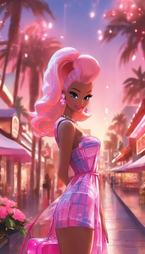 Make another scene with the same style, Barbie is now outside the perfume shop, Now shes holding a perfume shop bag, She was about to get in the car, Her car is a C1 Corvette, Pink and white, C1 Corvette, She wore a pink and white plaid dress，The backgroun...