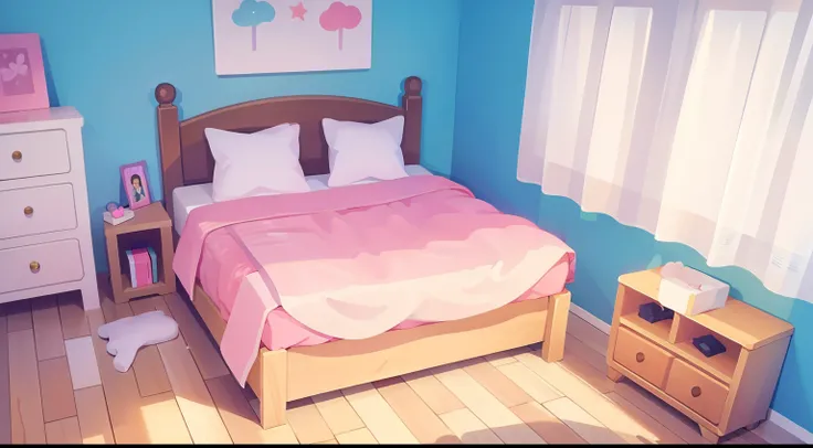 Model Room、No person、Stable composition、eye view、childs room、Barely enough、plushies、pastel pink、Natural Color