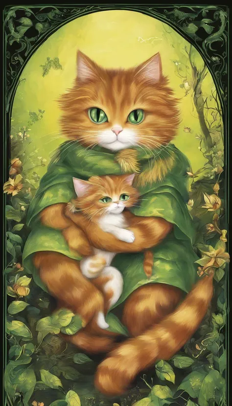 (2cat:1.3), (2 animals:1.3), ((Black-eyed cat)), ((Ginger green-eyed cat)), (Hugging:1.2), Wonderful atmosphere, adorable atmosphere, Magic dust