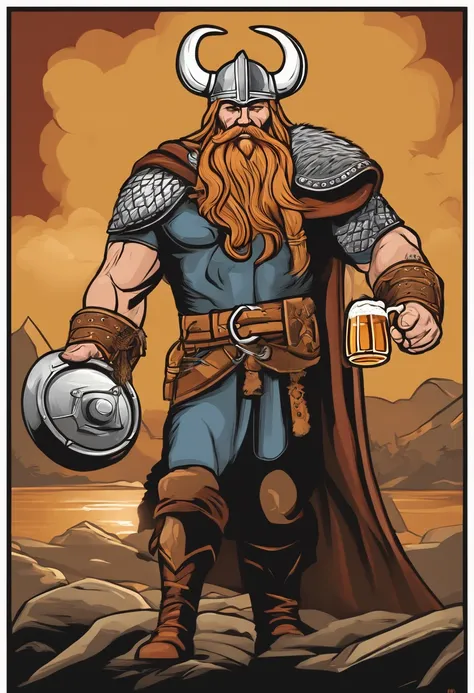 strong viking, drinking a beer, full body, comic book style, vector, thor inspired, clear background, charismatic, holding a beer mug,