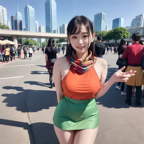 In the heart of a bustling metropolis, Young Women、Stands as a glorious testament to the vibrancy of urban life. Her outfit is a tapestry of bright colors, Each hue blends seamlessly into the next hue. flowing skirt, Reminiscent of the warm embrace of the ...